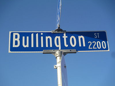 Bullington Street is located in a residential section of Wichita Falls, Texas, off U.S. Route 82 and U.S. Route 277. Bullington Street, Wichita Falls, TX IMG 6939.JPG