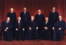 1973 Supreme Court group photo with Justice Douglas sitting second from the left on the front row Burger Court in 1973.jpg