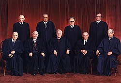 July 24, 1974: U.S. Supreme Court rules unanimously that U.S. President Nixon must comply with subpoena of the Watergate tapes. Rehnquist, top right, recused himself from the decision. Burger Court in 1973.jpg