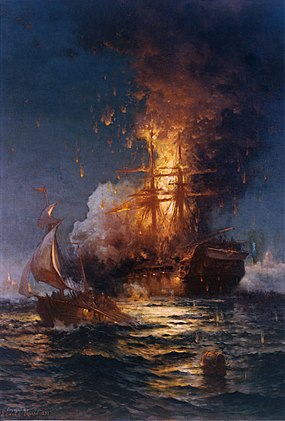 Hořící fregata USS Philadelphia během bitvy o tripolský přístav za první berberské války v roce 1804
