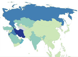 COVID-19 deaths per million residents in Asia as of 10 December 2020
>= 800
600-799
300-599
200-299
100-199
<100 COVID-19 deaths per million residents as of December 10, 2020.svg