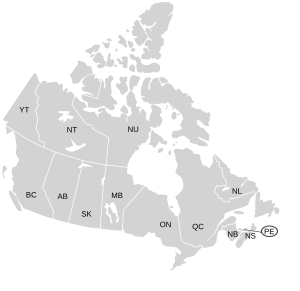 Map of Canada with each province or territory labelled with the second part of its ISO 3166-2 code. Canada labelled map.svg