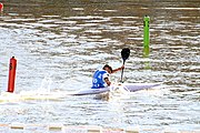 Deutsch: Kanusport bei den Olympischen Jugendspielen 2018; Tag 10, 16. Oktober 2018; Finale Jungen Einer-Kajak-Slalom: Lan Tominc (Slowenien, Gold) - Guan Changheng (China, Silber) - Tom Bouchardon (Frankreich, Bronze) English: Canoeing at the 2018 Summer Youth Olympics at 16 October 2018 – Boys' K1 slalom Gold Medal Race: Lan Tominc (Slovenia, gold) - Guan Changheng (China, silver) - Tom Bouchardon (France, bronze)