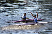 Deutsch: Kanusport bei den Olympischen Jugendspielen 2018; Tag 10, 16. Oktober 2018; Finale Jungen Einer-Kajak-Slalom: Lan Tominc (Slowenien, Gold) - Guan Changheng (China, Silber) - Tom Bouchardon (Frankreich, Bronze) English: Canoeing at the 2018 Summer Youth Olympics at 16 October 2018 – Boys' K1 slalom Gold Medal Race: Lan Tominc (Slovenia, gold) - Guan Changheng (China, silver) - Tom Bouchardon (France, bronze)