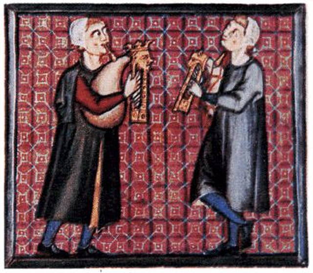 A detail from the Cantigas de Santa Maria showing bagpipes with one chanter and a parallel drone (Spain, 13th century).