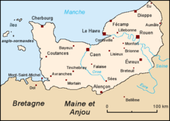 O hartă a Ducatului Normandiei, care arată locația Caen