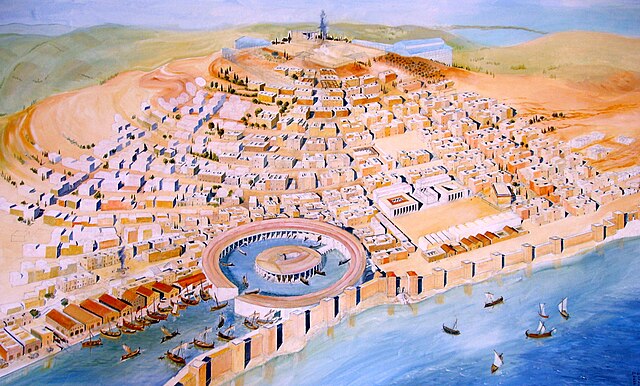 Modern reconstruction of Punic Carthage. The circular harbor at the front is the Cothon, the military port of Carthage, where all of Carthage's warshi