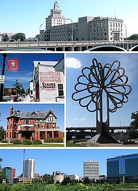 Do topo, da esquerda para a direita: Mays Island; Czech Village, Brucemore, Tree of Five Seasons; centro de Cedar Rapids