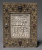 Book-shaped reliquary; circa 1000; ivory, gilded silver, pearls, rubies, emeralds, crystals, onyx, cornelian and oak; overall: 31.6 × 24.4 × 7.5 cm; Cleveland Museum of Art (US)