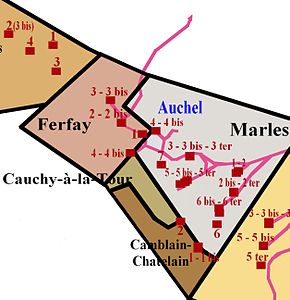 Mapa de la concesión Cauchy-à-la-Tour, rodeado de las distintas concesiones.