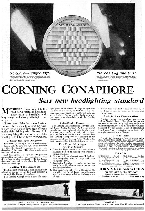 1917 advertisement for the Corning Conaphore headlamp lens shown above