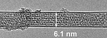 TEM image of a wide double-wall CNT densely filled with C60 fullerenes. DWNT peapod TEM.jpg