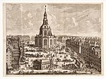 Ontwerp voor een nooit gerealiseerde koepelkerk op initiatief van Nicolaes Listingh. Op de voorgrond de Boterwaag; 1729.