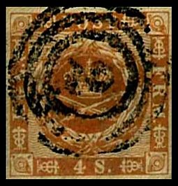 Denmark stamp with a "2" postmark Denmark 1854 Sc4u.jpg