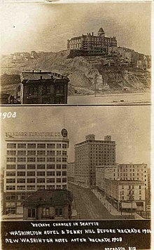 A postcard shows the Washington Hotel atop Denny Hill before Denny Regrade No. 1 and the New Washington Hotel (the dark building in the lower picture, now the Josephinum) built on the newly leveled land. Denny Regrade-2.jpg