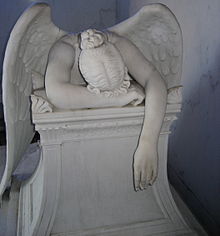 Marble statuary monument to Chapman H. Hyams' sisters. The sculpture is a copy of Story's Angel of Grief DespondentAngelMetCemHead.jpg