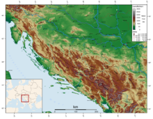 An enlargeable topographic map of Bosnia and Herzegovina and adjacent areas Dinarisches Gebirge Topo.png