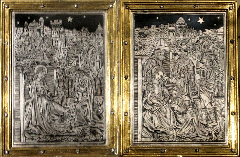 File:Diptych with nativity and adoration, silver and niello, engraved and guilded, copper alloy frame, Paris, c1500, The Cloisters.jpg