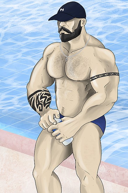 Gay manga often features masculine men with varying degrees of muscle, body fat, and body hair. This is a drawing of a muscular man without defined abdominal muscles, which provides a typical example of a gachimuchi body type.