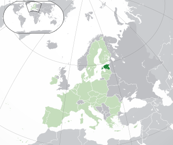 Location of Estonia (dark green) – in Europe (green & grey) – in the European Union (green)  –  [Legend]