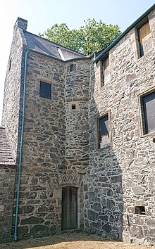 The entrance to the castle, below the corbelled stair turret. Earlstoun Castle Entrance.jpg