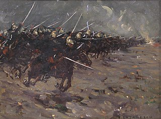 Peinture montrant une charge de cavalerie, sabres au clair.