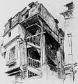 Vitré : escalier extérieur, rue Baudrairie (lithographie d'Albert Robida, vers 1900).