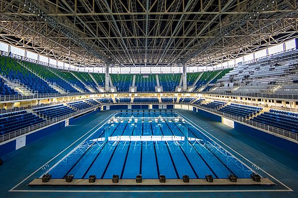 Interior view of the Olympic Aquatics Stadium, the temporary venue used for swimming at the 2016 Summer Olympics.