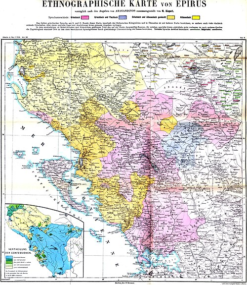 Linguistic (big) and religious (small) map of the Epirus region, 1878. German maker, H. Kiepert; information provided by Greek scholar, P. Aravandinos. .mw-parser-output .legend{page-break-inside:avoid;break-inside:avoid-column}.mw-parser-output .legend-color{display:inline-block;min-width:1.25em;height:1.25em;line-height:1.25;margin:1px 0;text-align:center;border:1px solid black;background-color:transparent;color:black}.mw-parser-output .legend-text{}  Greek speakers   Greek and Vlach speakers   Greek and Albanian speakers   Albanian speakers   Greek Orthodox entirely   Greek Orthodox majority   Greek Orthodox – Muslim equivalence   Muslim majority   Muslim entirely