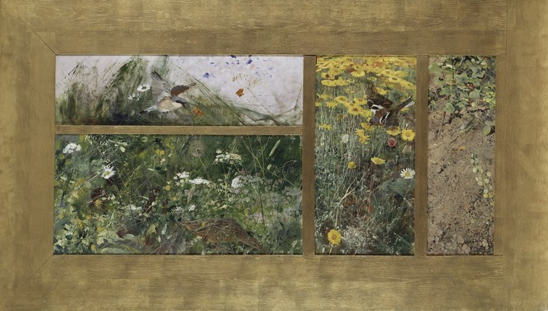 File:Four Bird Studies, Red-Backed Shrike, Corncrake, Chaffinches, Willow Warbler. (Bruno Liljefors) - Nationalmuseum - 23922.tif
