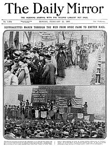 Front page of The Daily Mirror, 11 February 1907 Front page of The Daily Mirror, reporting the Mud March.jpg