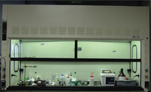 A bypass fume hood. The grille for the bypass chamber is visible at the top. Fume hood bypass.png