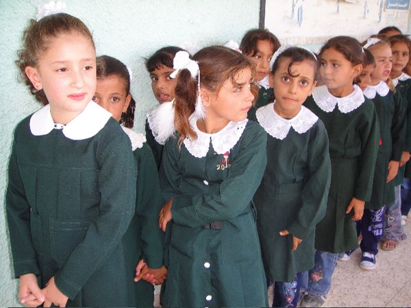 Palestinian schoolgirls in Gaza lining up for class, 2009