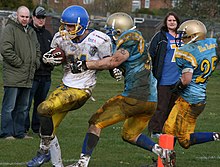 Gladiators running back scores a touchdown against the Bedfordshire Blue Raiders in 2008 Glads-TD.jpg