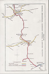 A 1906 Railway Clearing House map of railways in the vicinity of Savernake Low Level (shown here as G.W. STA.) Grafton, Swindon, Marlborough, Savernake(Wolfhall) & Andover(Red Posts) RJD 107.jpg