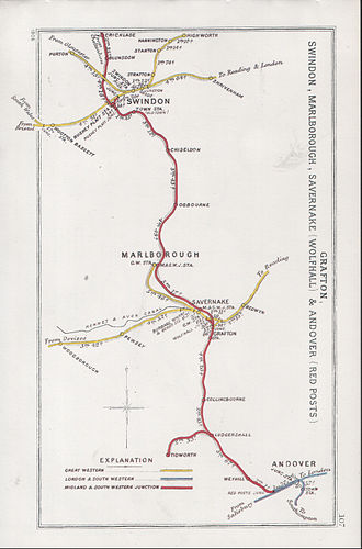 A 1906 Railway Clearing House Junction Diagram showing the southern portion of the Midland and South Western Junction Railway (in red). Red Posts [sic] Junction is at lower right, where that line meets the blue line. Grafton, Swindon, Marlborough, Savernake(Wolfhall) & Andover(Red Posts) RJD 107.jpg