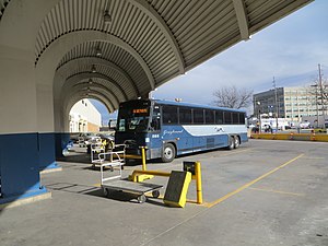 Greyhound bus at Indianapolis Union Station, February 2017 .jpg