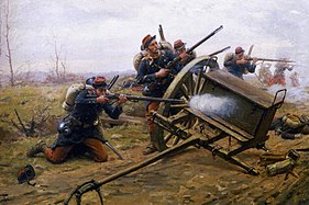 Combat d'infanterie sur une route, 1870.