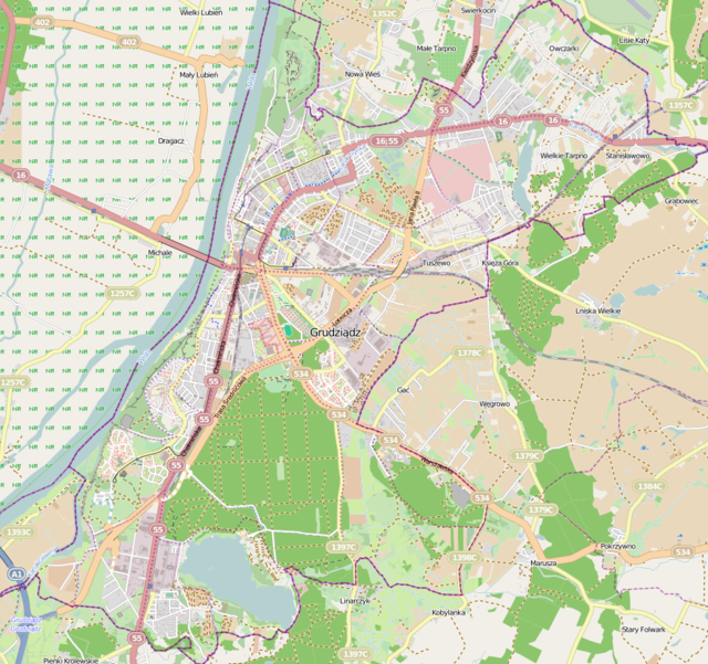 Mapa konturowa Grudziądza, u góry nieco na lewo znajduje się punkt z opisem „Kościół św. Franciszka Ksawerego”