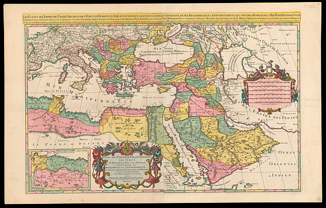 Provinces of the Ottoman Empire in Europe, Asia, and Africa in 1692, divided into Beylerbeyliks, Protectorates and tributary states. by Guillaume Sans