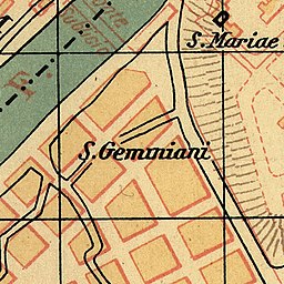 San Geminiano (här benämnd S. Geminiani) på Christian Hülsens karta över det medeltida Rom från år 1927.