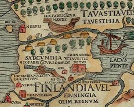 Carta marina showing Finnish economy, with the captions Hic fabricantur naves and Hic fabricantur bombarde abbreviated