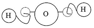 A water molecule as hook-and-eye model might have represented it. Leucippus, Democritus, Epicurus, Lucretius and Gassendi adhered to such conception. Note that the composition of water was not known before Avogadro (c. 1811). Hook and eye model.jpg