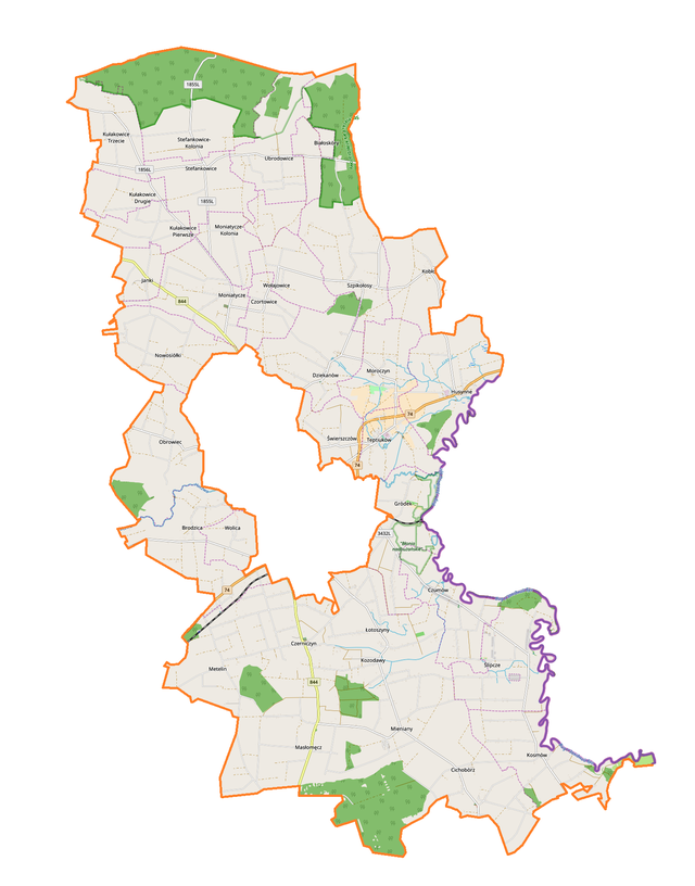 Mapa konturowa gminy wiejskiej Hrubieszów, blisko centrum u góry znajduje się punkt z opisem „Cerkiew Narodzenia Pana Jezusaw Szpikołosachobecnie kościół Matki Bożej Łaskawej”