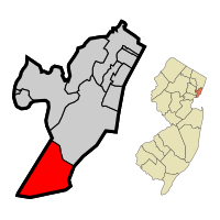 Mapa que muestra Bayona en el condado de Hudson.  Recuadro: Ubicación del condado de Hudson en Nueva Jersey.