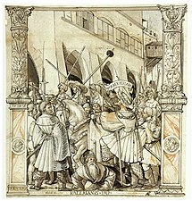 The Humiliation of the Emperor Valerian by the Persian King Shapur, c. 1521. Pen and black ink on chalk sketch, grey wash and watercolour, Kunstmuseum Basel