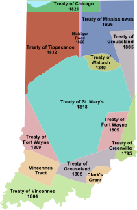 Indiana lands acquired through treaties Indiana Indian treaties.svg