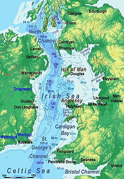 Kart over Irskesjøen. St George's Channel er den sørlege opninga til Atlanterhavet.