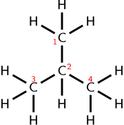 Isobutane structural formula
Molecular formula:
C4H10
Condensed formula:
(CH3)3CH Isobutane numbered 2D.svg