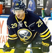 Pominville as the Sabres captain in 2012. He had been named to the position the previous year on October 6, 2011. Jason Pominville Sabres 2012-02-19.JPG